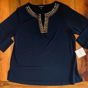 Ellen Tracy Admiral Blue NWT Stretch Top with Fun Stud Details and Tie, Size 1X